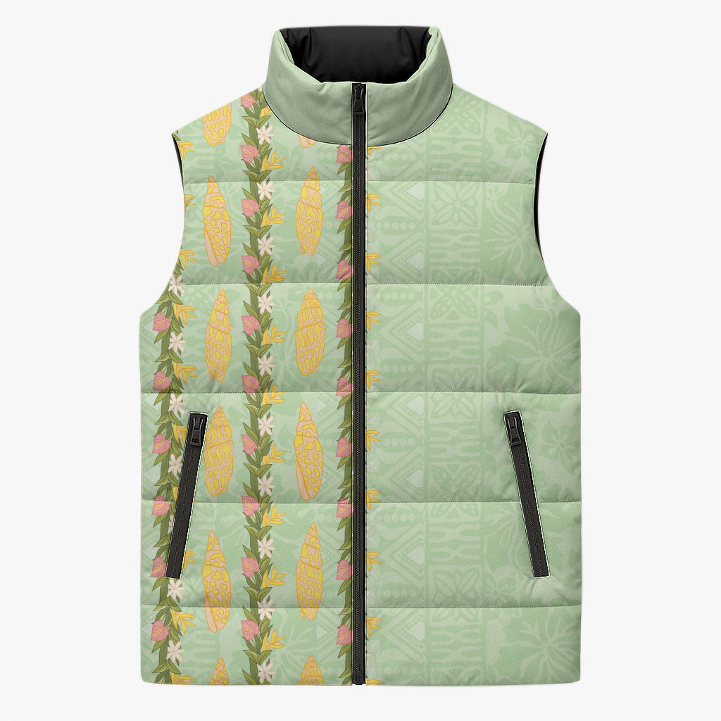 Hawaii Shell Tiare Anthurium Heliconia Lei Sleeveless Puffer Jacket With Tapa Pattern Baby Green