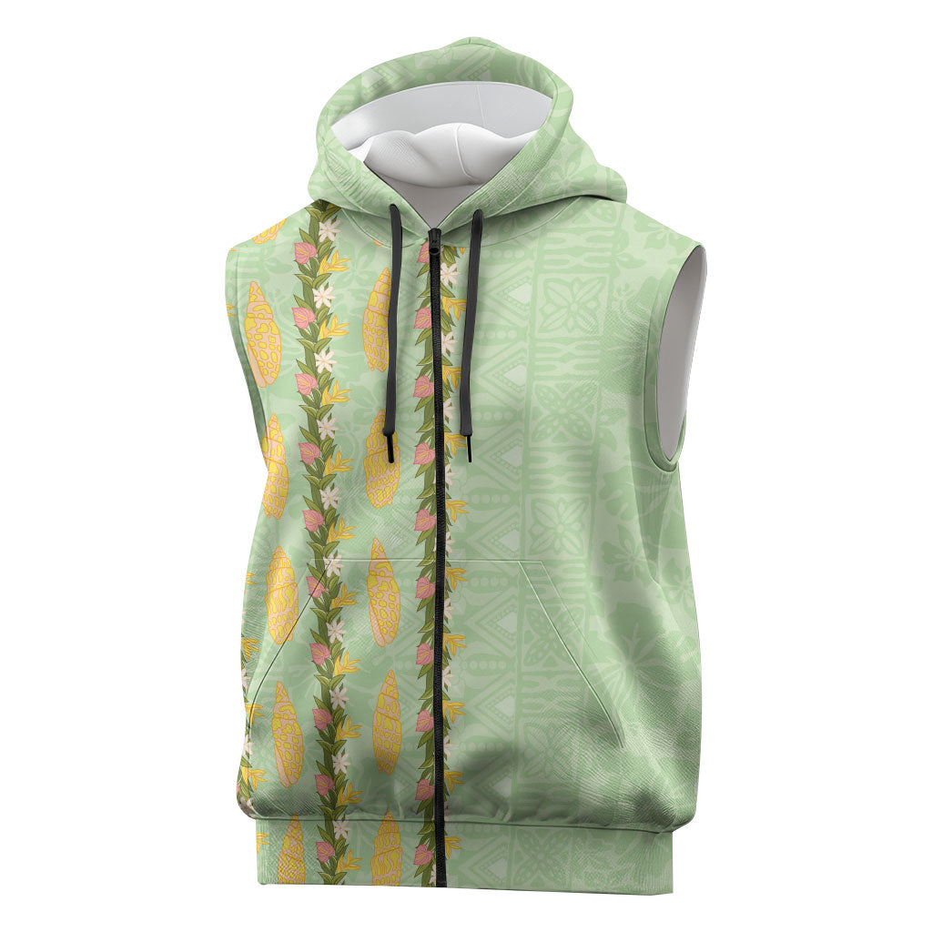 Hawaii Shell Tiare Anthurium Heliconia Lei Sleeveless Zip Hoodie With Tapa Pattern Baby Green