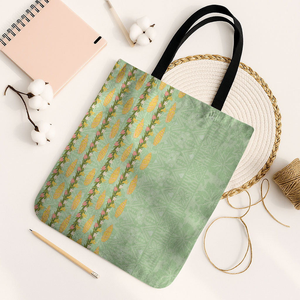 Hawaii Shell Tiare Anthurium Heliconia Lei Tote Bag With Tapa Pattern Baby Green