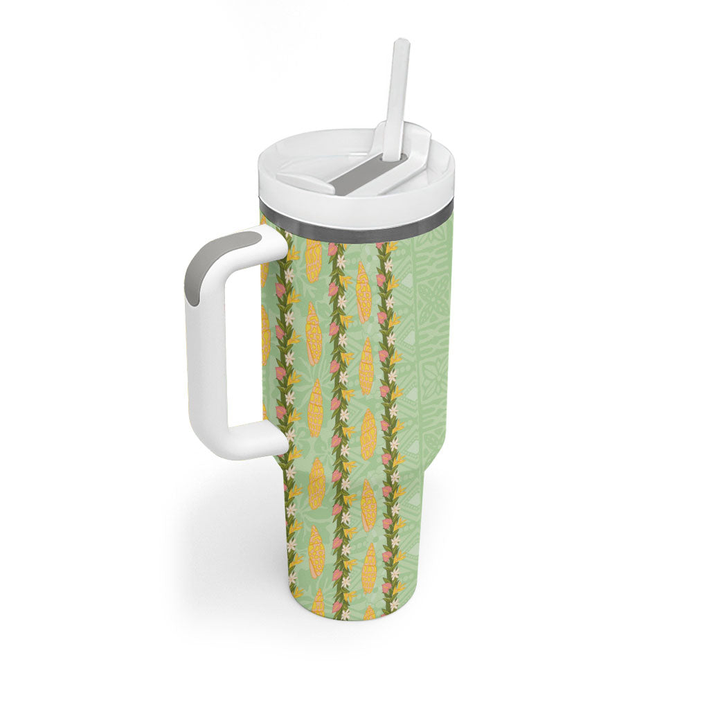 Hawaii Shell Tiare Anthurium Heliconia Lei Tumbler With Handle With Tapa Pattern Baby Green
