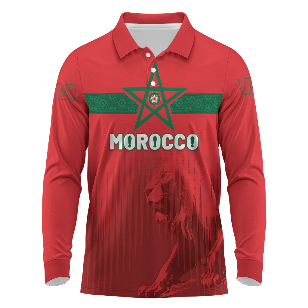 Custom Morocco Football 2026 Long Sleeve Polo Shirt Atlas Lions Breathtaking Victory Red Version