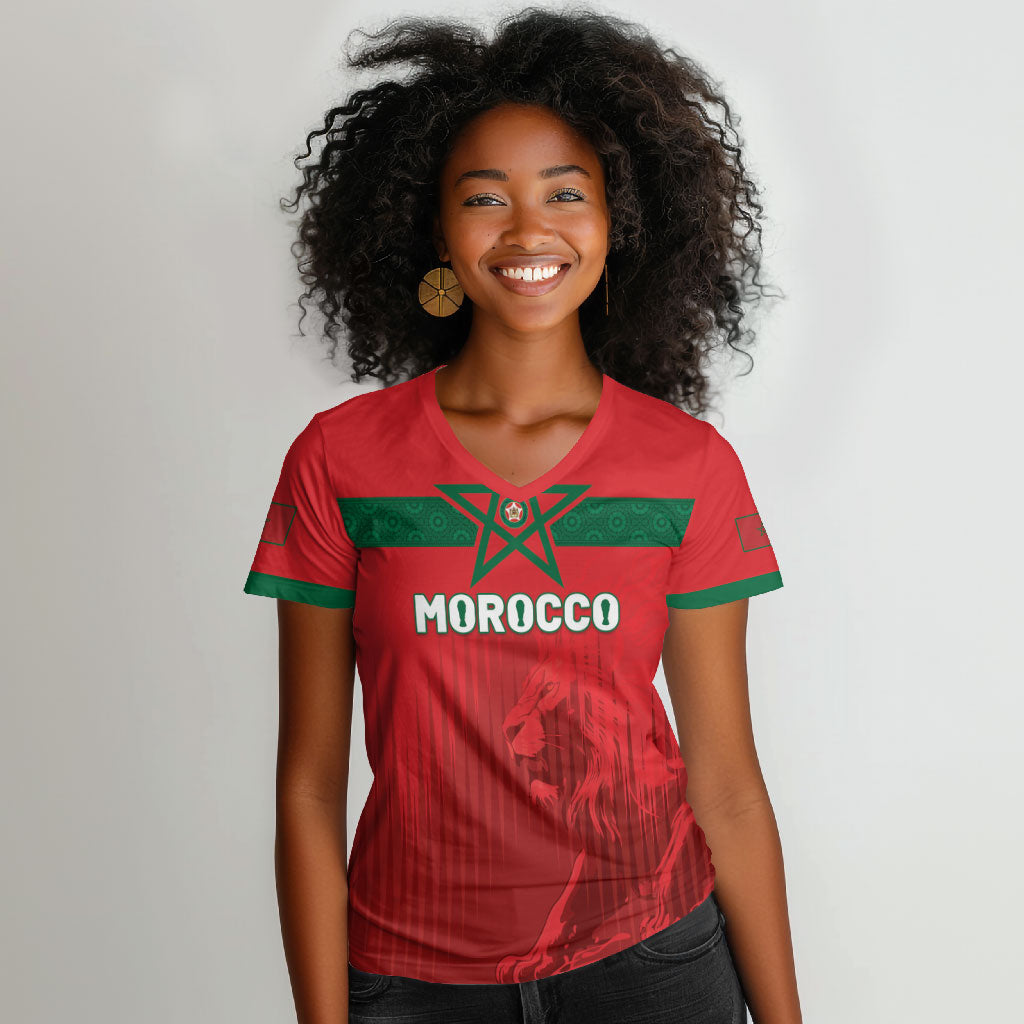 Custom Morocco Football 2026 Women V-Neck T-Shirt Atlas Lions Breathtaking Victory Red Version