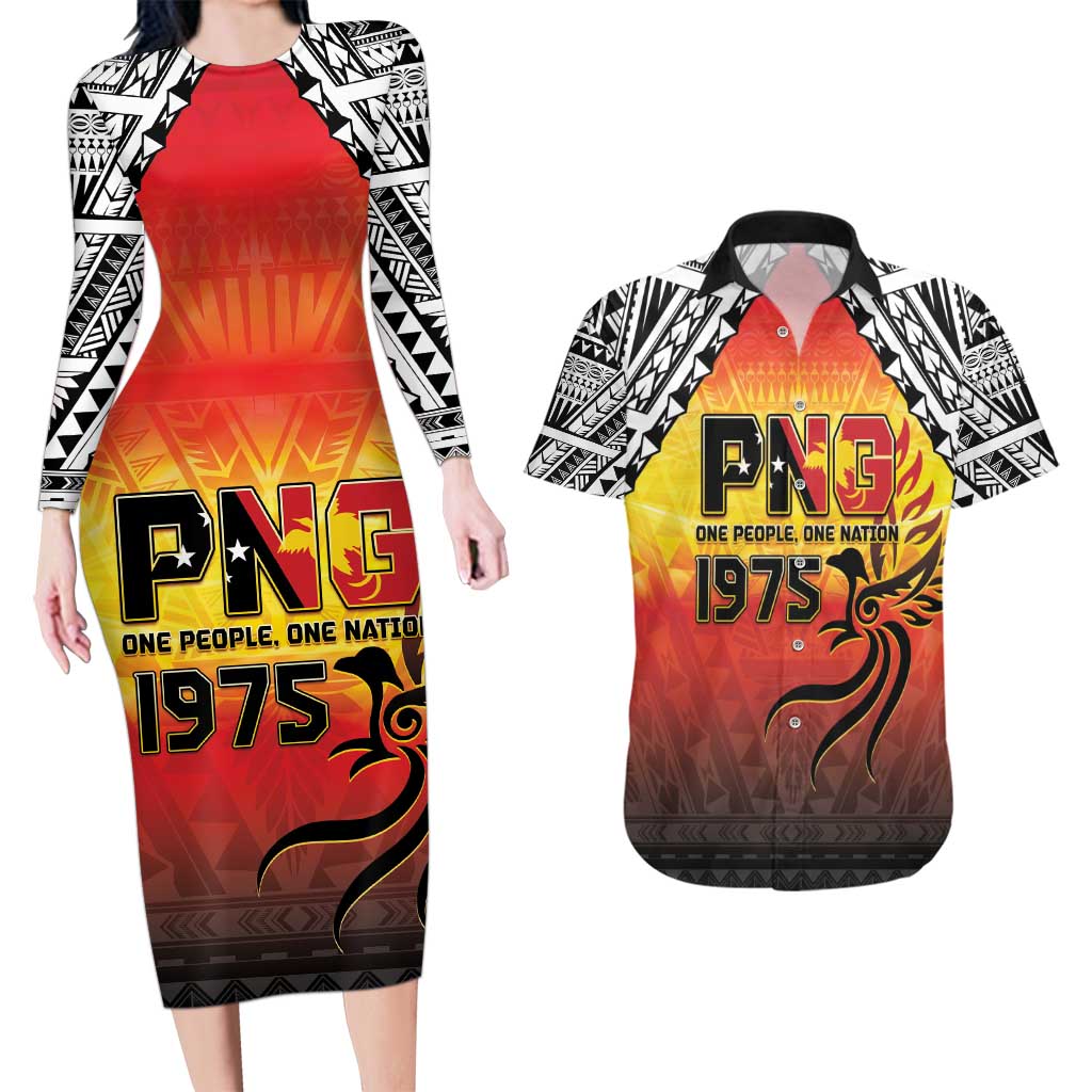 Papua New Guinea 49th Independence Day Couples Matching Long Sleeve Bodycon Dress and Hawaiian Shirt One People One Nation One PNG