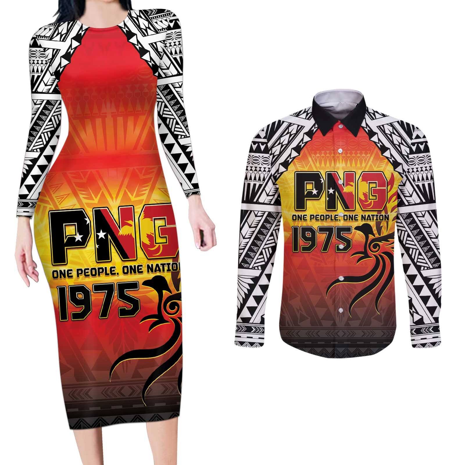 Papua New Guinea 50th Independence Day Couples Matching Long Sleeve Bodycon Dress and Long Sleeve Button Shirt One People One Nation One PNG LT05 Yellow - Polynesian Pride