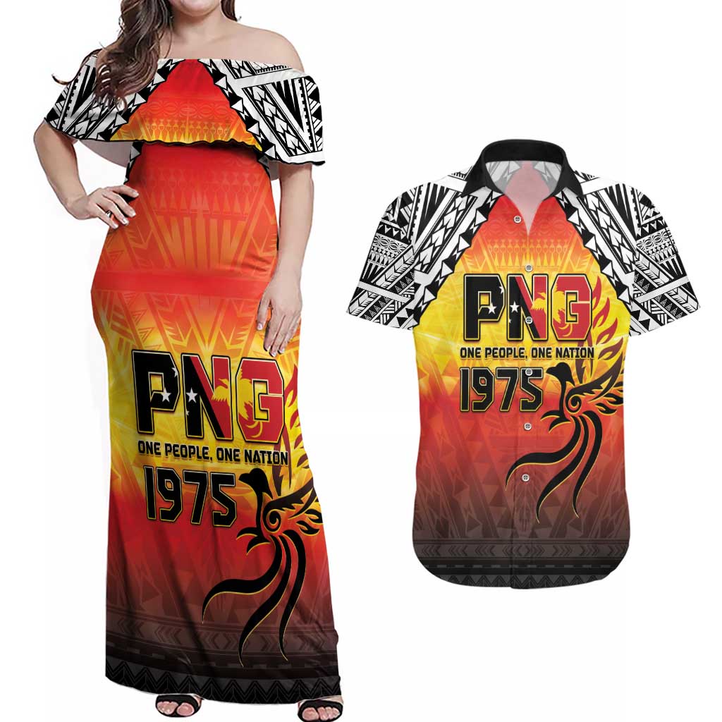 Papua New Guinea 49th Independence Day Couples Matching Off Shoulder Maxi Dress and Hawaiian Shirt One People One Nation One PNG