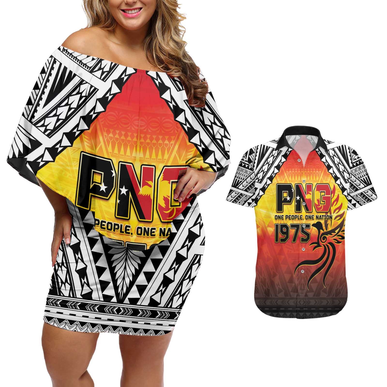 Papua New Guinea 50th Independence Day Couples Matching Off Shoulder Short Dress and Hawaiian Shirt One People One Nation One PNG LT05 Yellow - Polynesian Pride