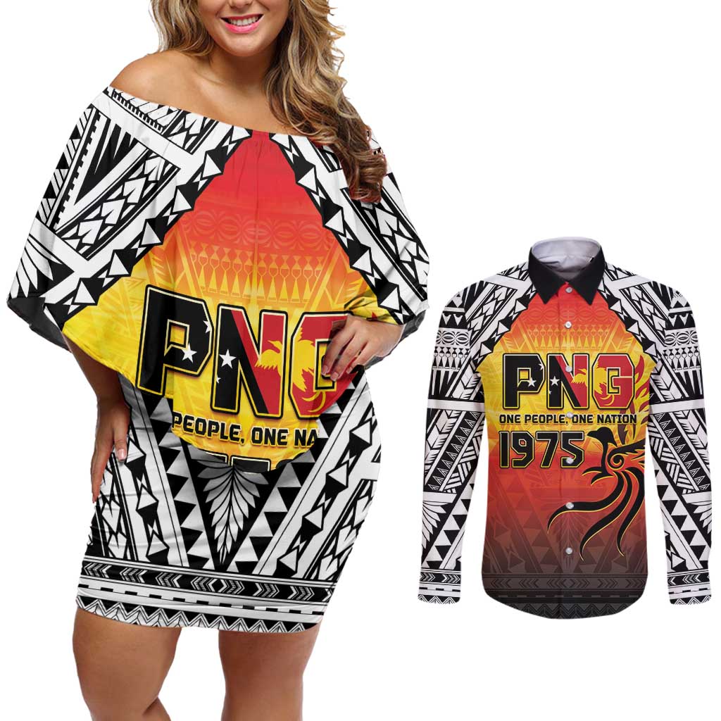 Papua New Guinea 50th Independence Day Couples Matching Off Shoulder Short Dress and Long Sleeve Button Shirt One People One Nation One PNG LT05 Yellow - Polynesian Pride