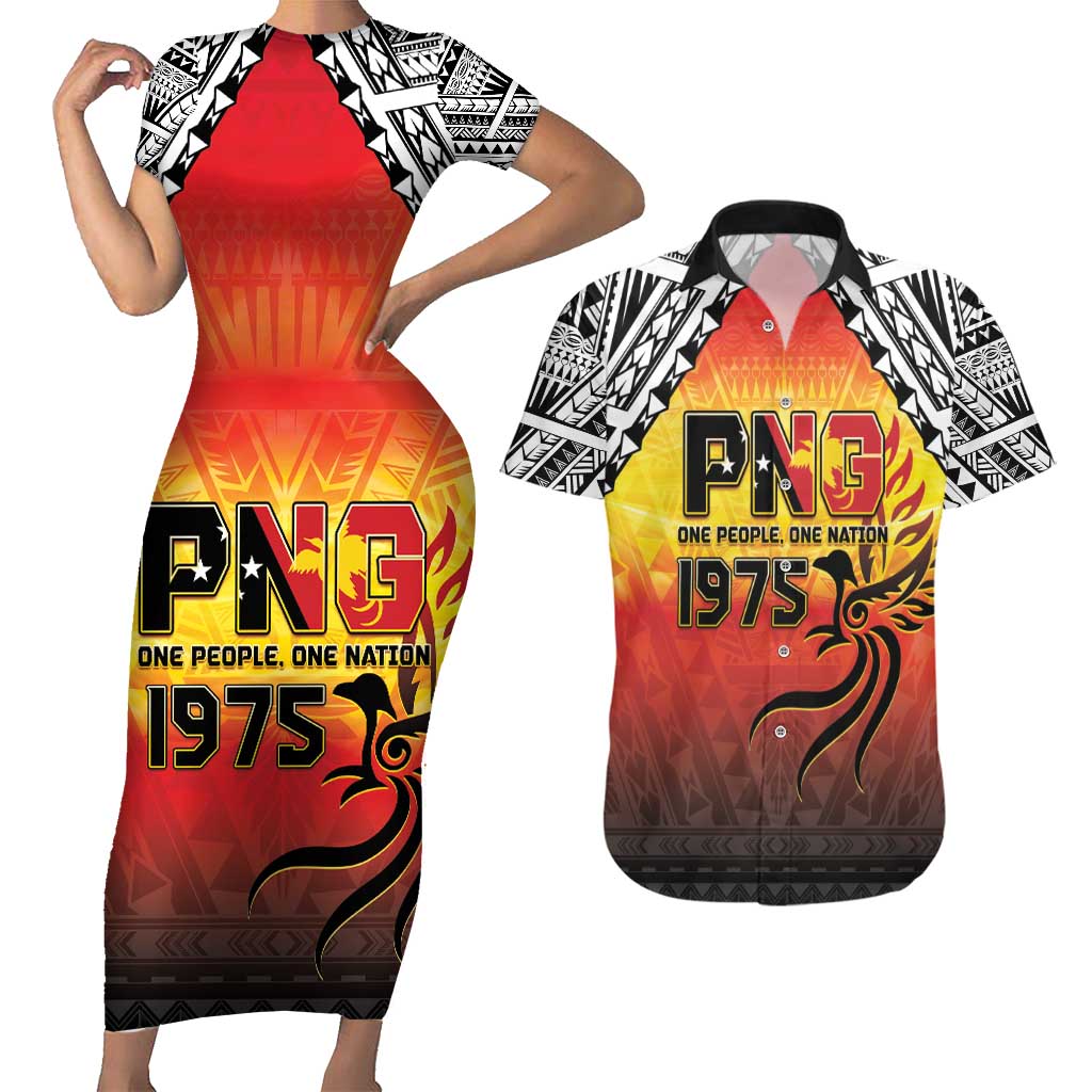 Papua New Guinea 49th Independence Day Couples Matching Short Sleeve Bodycon Dress and Hawaiian Shirt One People One Nation One PNG