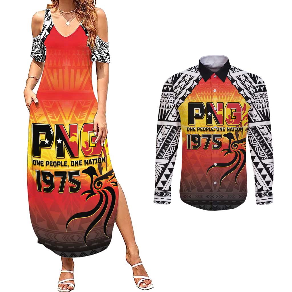 Papua New Guinea 50th Independence Day Couples Matching Summer Maxi Dress and Long Sleeve Button Shirt One People One Nation One PNG LT05 Yellow - Polynesian Pride
