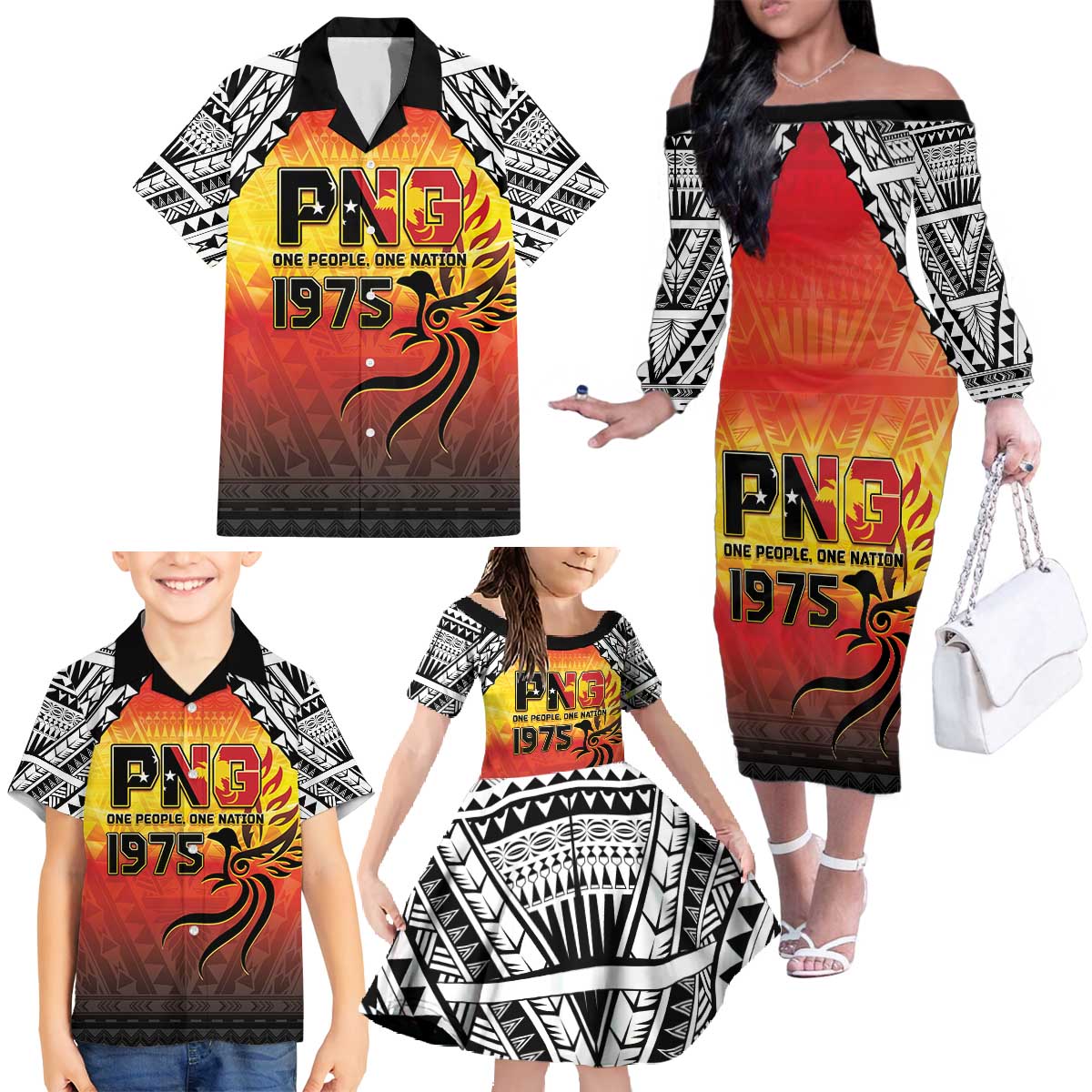 Papua New Guinea 49th Independence Day Family Matching Off The Shoulder Long Sleeve Dress and Hawaiian Shirt One People One Nation One PNG