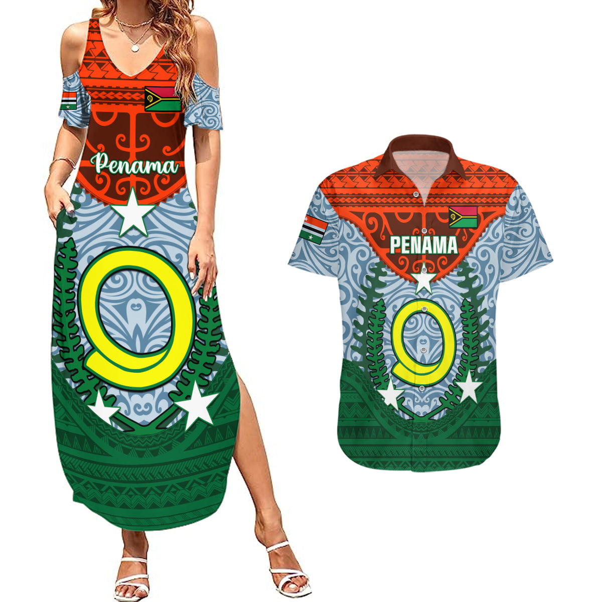 Vanuatu Penama Province Couples Matching Summer Maxi Dress and Hawaiian Shirt Vanuatuan Coat Of Arms Polynesian Pattern LT05 Green - Polynesian Pride