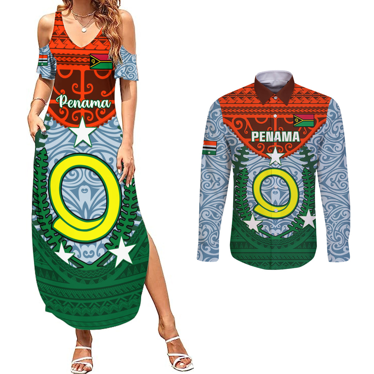 Vanuatu Penama Province Couples Matching Summer Maxi Dress and Long Sleeve Button Shirts Vanuatuan Coat Of Arms Polynesian Pattern LT05 Green - Polynesian Pride