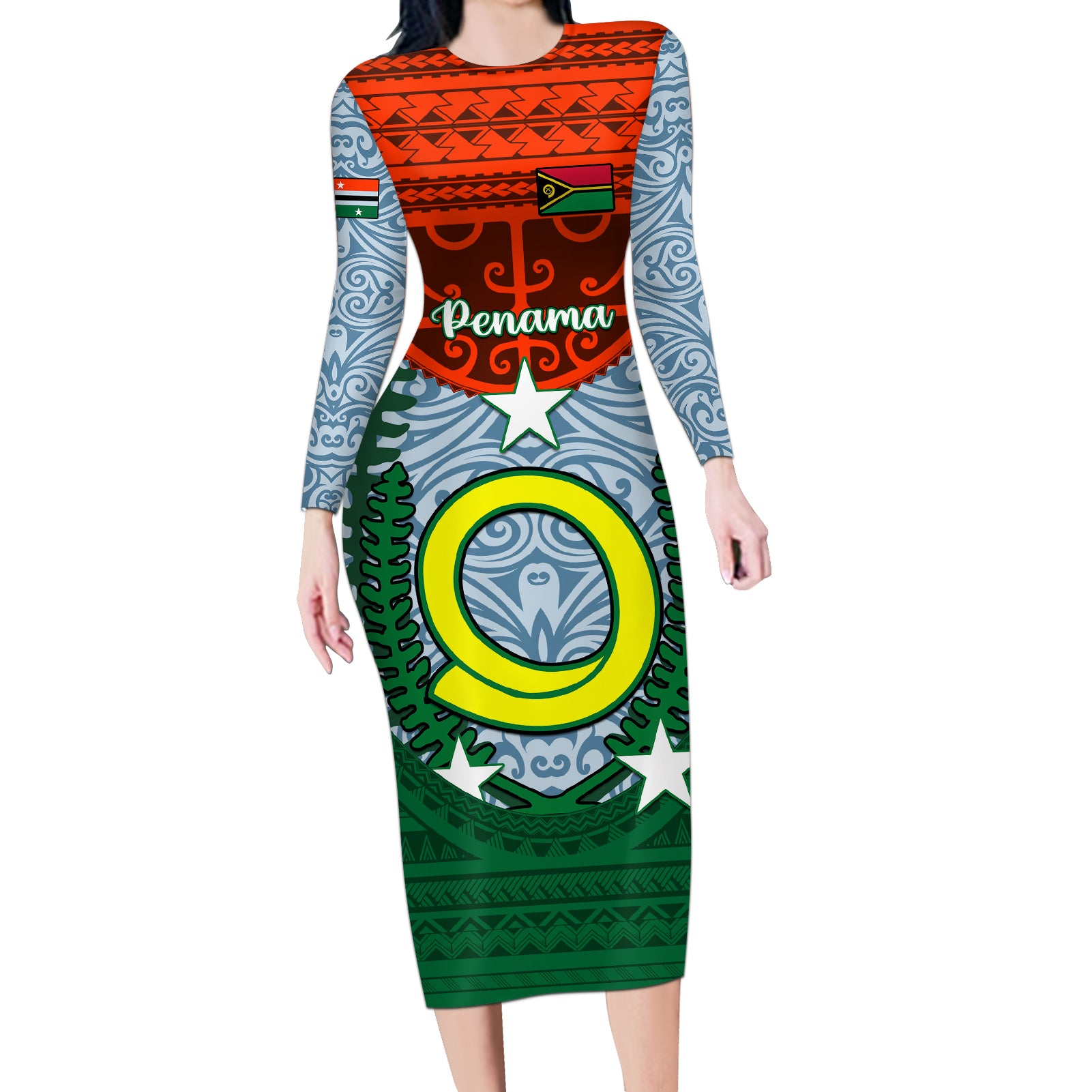 Vanuatu Penama Province Long Sleeve Bodycon Dress Vanuatuan Coat Of Arms Polynesian Pattern LT05 Long Dress Green - Polynesian Pride