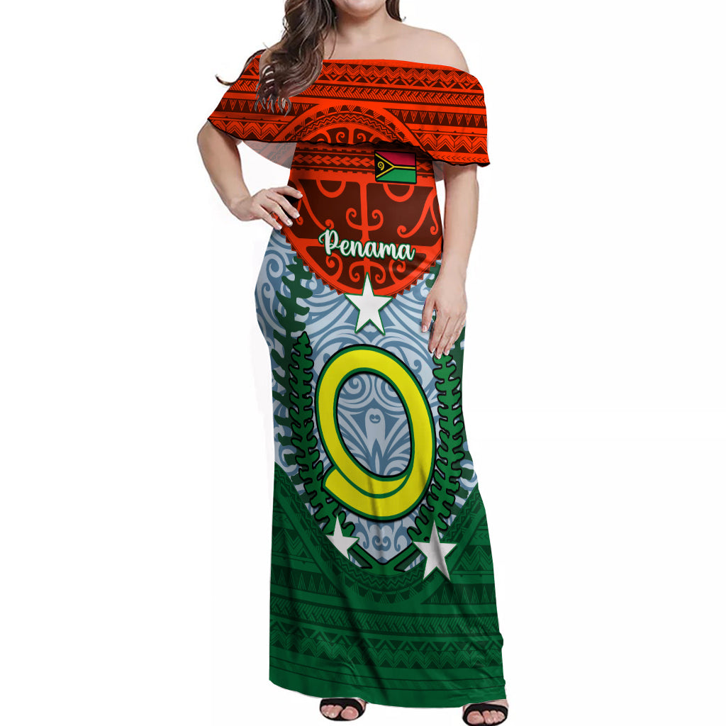 Vanuatu Penama Province Off Shoulder Maxi Dress Vanuatuan Coat Of Arms Polynesian Pattern LT05 Women Green - Polynesian Pride