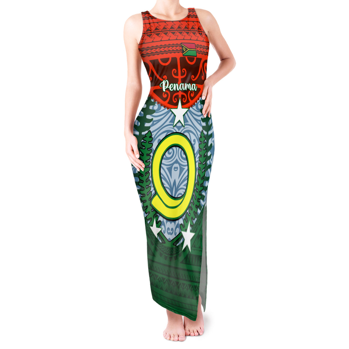 Vanuatu Penama Province Tank Maxi Dress Vanuatuan Coat Of Arms Polynesian Pattern LT05 Women Green - Polynesian Pride