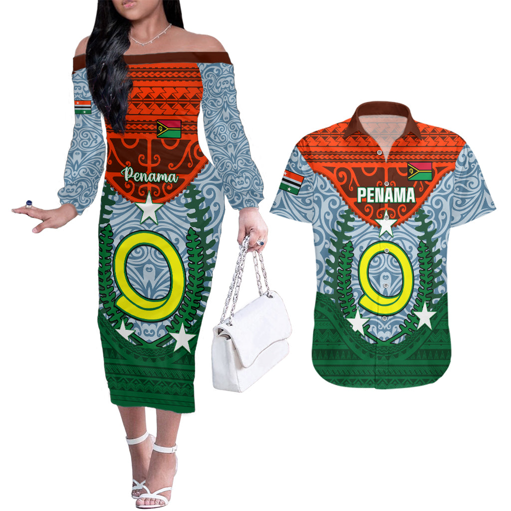 Personalized Vanuatu Penama Province Couples Matching Off The Shoulder Long Sleeve Dress and Hawaiian Shirt Vanuatuan Coat Of Arms Polynesian Pattern LT05 Green - Polynesian Pride