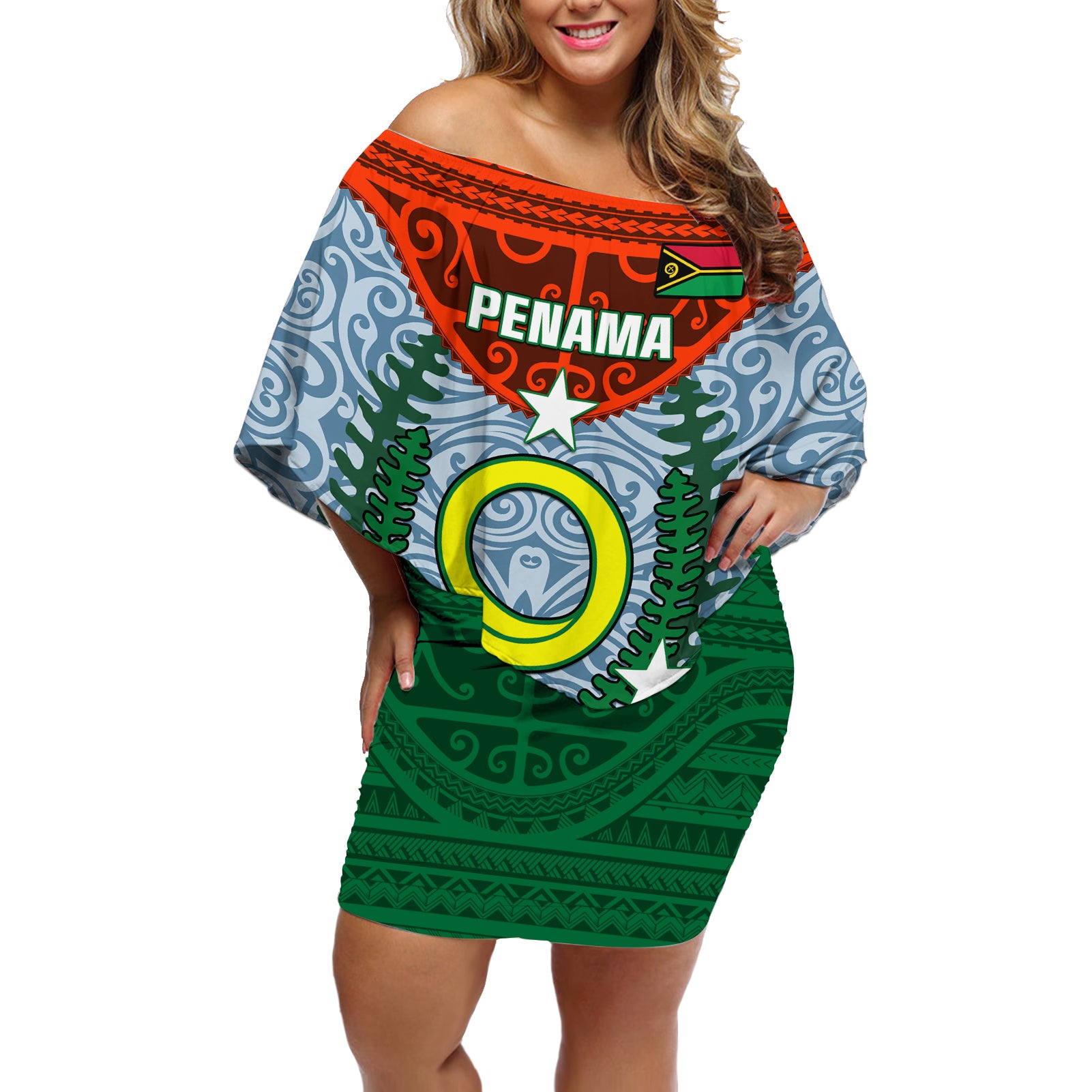 Personalized Vanuatu Penama Province Off Shoulder Short Dress Vanuatuan Coat Of Arms Polynesian Pattern LT05 Women Green - Polynesian Pride