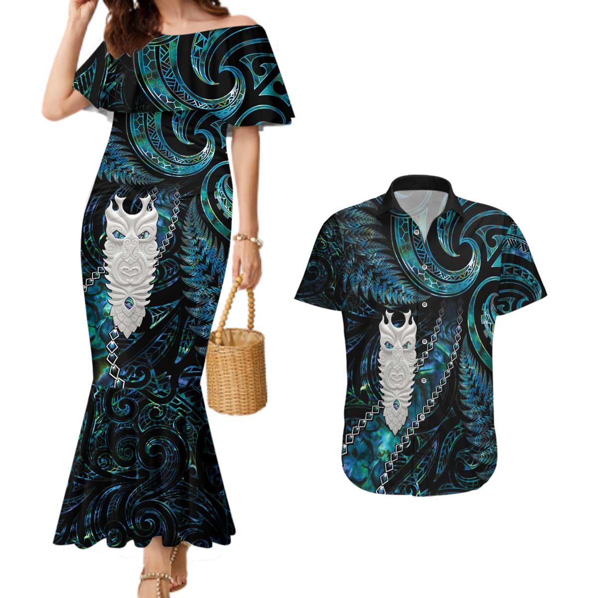 New Zealand Aotearoa Couples Matching Mermaid Dress and Hawaiian Shirt Maori Tane Te Waiora Paua Shell Glitter Turquoise