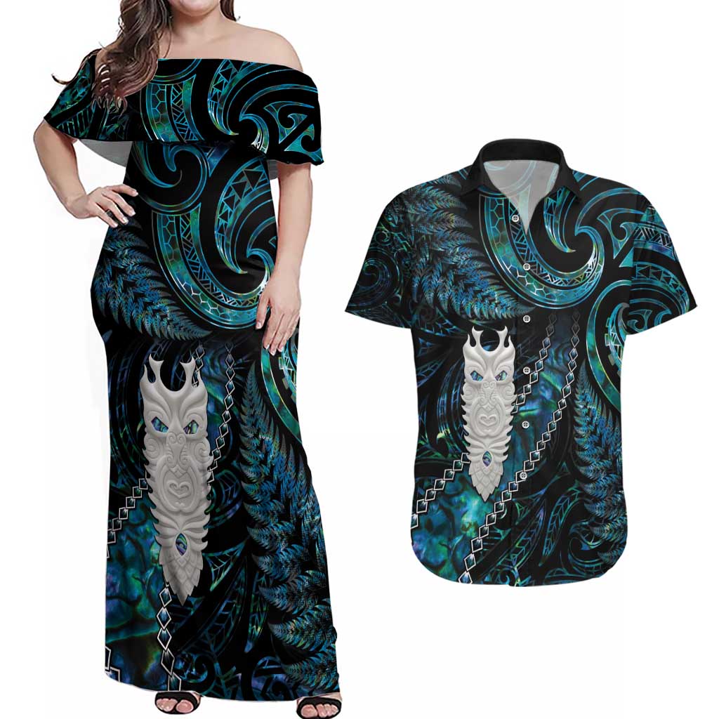 New Zealand Aotearoa Couples Matching Off Shoulder Maxi Dress and Hawaiian Shirt Maori Tane Te Waiora Paua Shell Glitter Turquoise