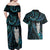 New Zealand Aotearoa Couples Matching Off Shoulder Maxi Dress and Hawaiian Shirt Maori Tane Te Waiora Paua Shell Glitter Turquoise