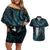 New Zealand Aotearoa Couples Matching Off Shoulder Short Dress and Hawaiian Shirt Maori Tane Te Waiora Paua Shell Glitter Turquoise