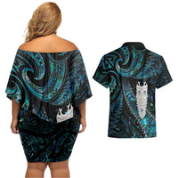 New Zealand Aotearoa Couples Matching Off Shoulder Short Dress and Hawaiian Shirt Maori Tane Te Waiora Paua Shell Glitter Turquoise