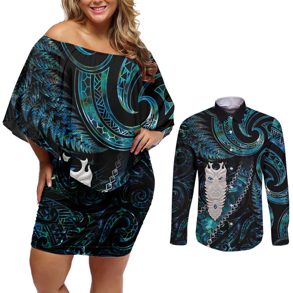 New Zealand Aotearoa Couples Matching Off Shoulder Short Dress and Long Sleeve Button Shirt Maori Tane Te Waiora Paua Shell Glitter Turquoise