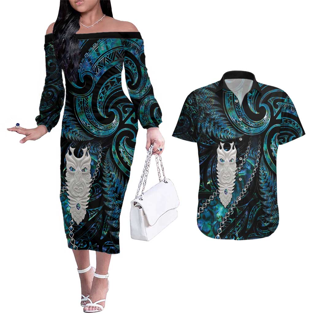 New Zealand Aotearoa Couples Matching Off The Shoulder Long Sleeve Dress and Hawaiian Shirt Maori Tane Te Waiora Paua Shell Glitter Turquoise