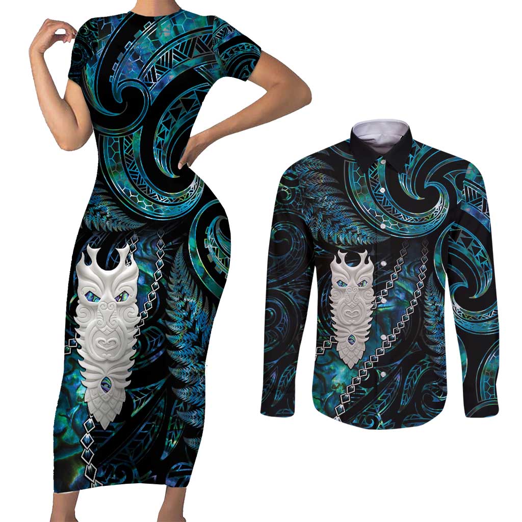 New Zealand Aotearoa Couples Matching Short Sleeve Bodycon Dress and Long Sleeve Button Shirt Maori Tane Te Waiora Paua Shell Glitter Turquoise