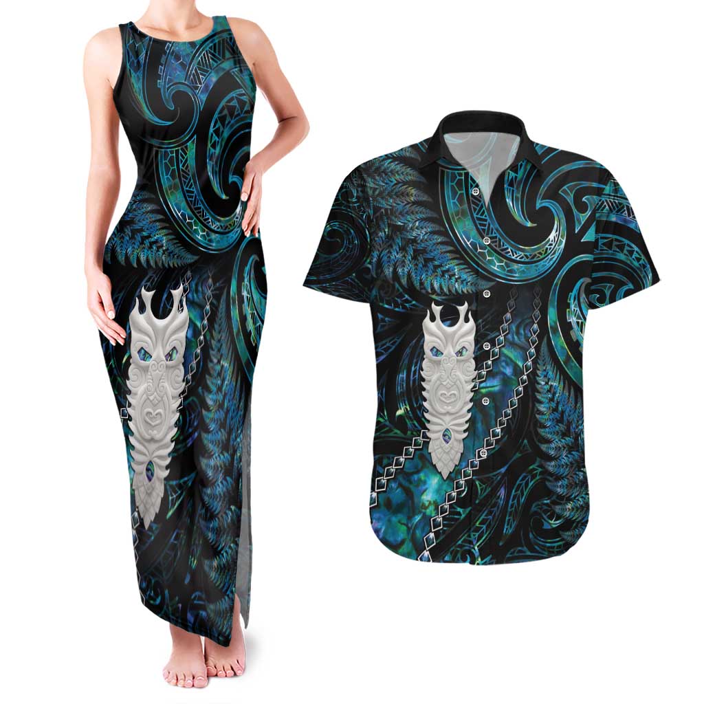 New Zealand Aotearoa Couples Matching Tank Maxi Dress and Hawaiian Shirt Maori Tane Te Waiora Paua Shell Glitter Turquoise