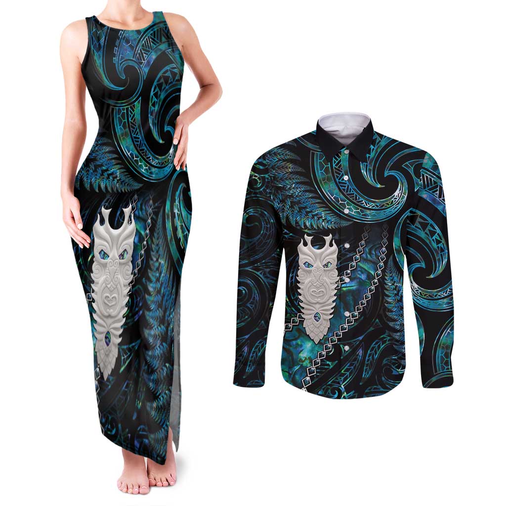 New Zealand Aotearoa Couples Matching Tank Maxi Dress and Long Sleeve Button Shirt Maori Tane Te Waiora Paua Shell Glitter Turquoise