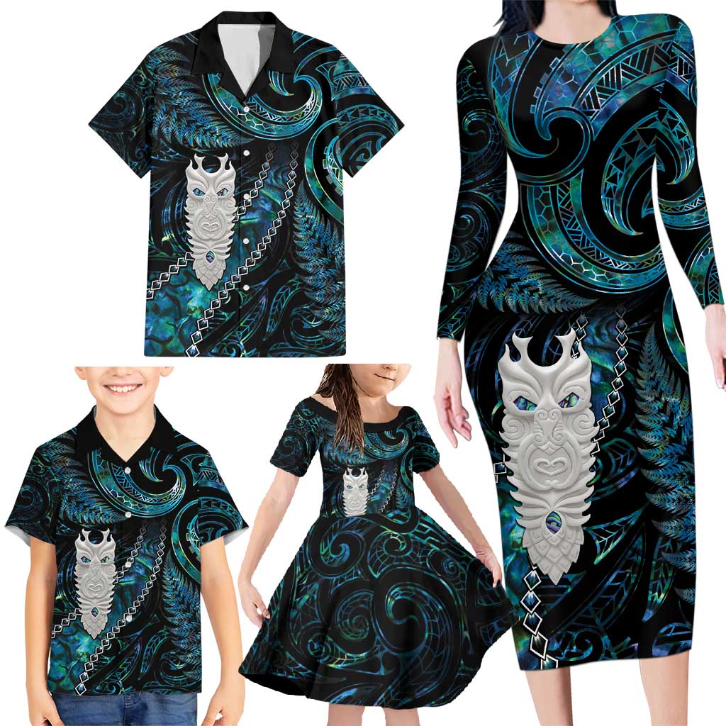 New Zealand Aotearoa Family Matching Long Sleeve Bodycon Dress and Hawaiian Shirt Maori Tane Te Waiora Paua Shell Glitter Turquoise