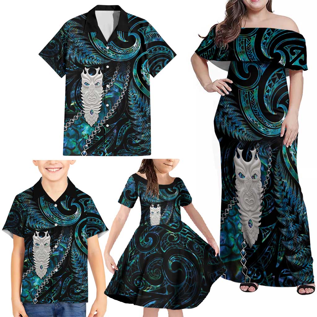 New Zealand Aotearoa Family Matching Off Shoulder Maxi Dress and Hawaiian Shirt Maori Tane Te Waiora Paua Shell Glitter Turquoise