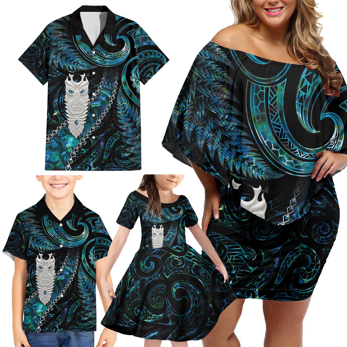 New Zealand Aotearoa Family Matching Off Shoulder Short Dress and Hawaiian Shirt Maori Tane Te Waiora Paua Shell Glitter Turquoise