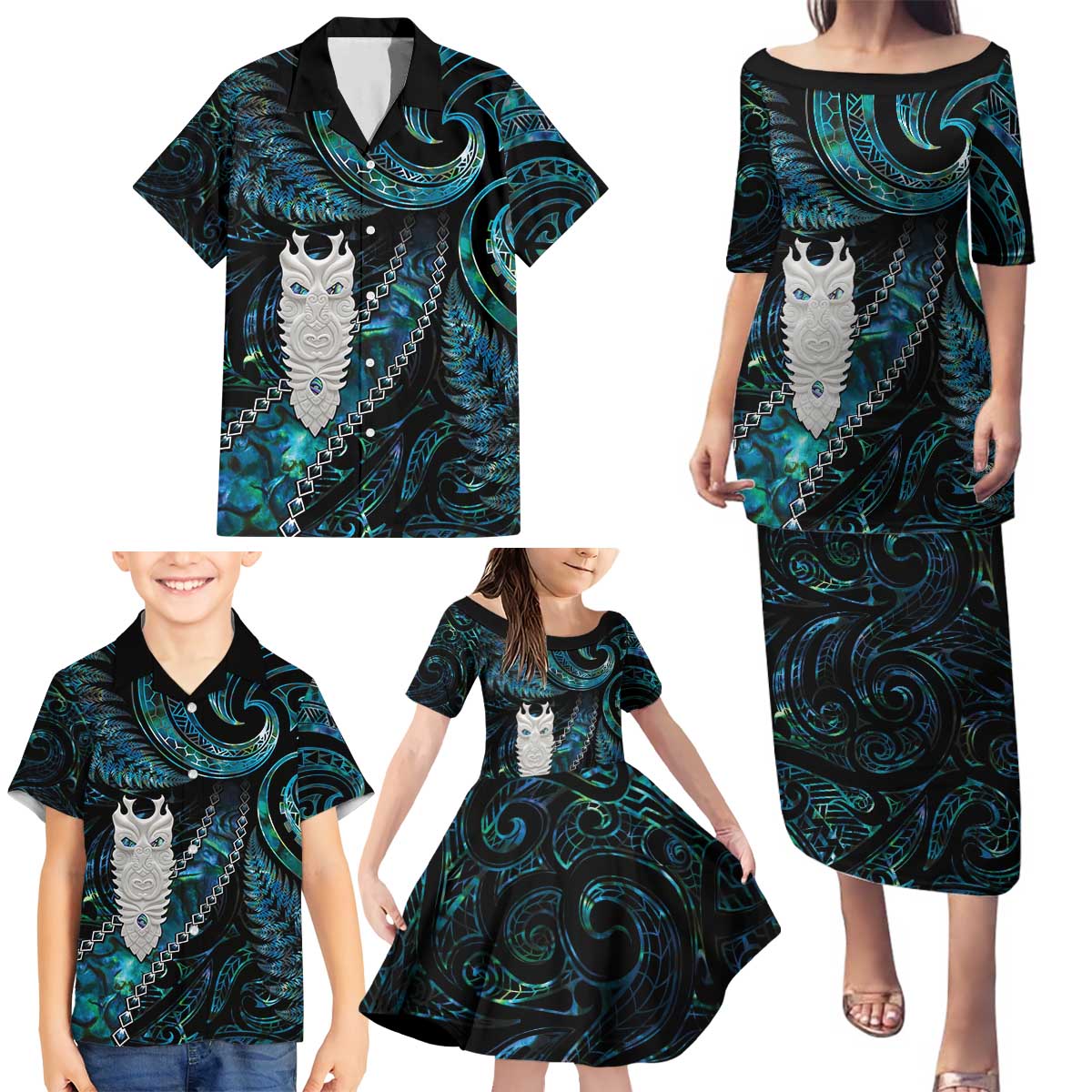 New Zealand Aotearoa Family Matching Puletasi and Hawaiian Shirt Maori Tane Te Waiora Paua Shell Glitter Turquoise