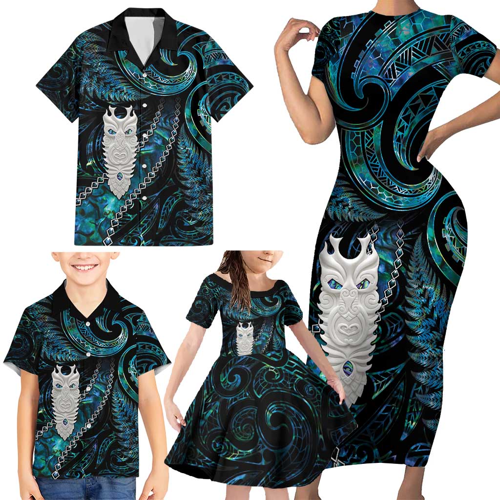 New Zealand Aotearoa Family Matching Short Sleeve Bodycon Dress and Hawaiian Shirt Maori Tane Te Waiora Paua Shell Glitter Turquoise