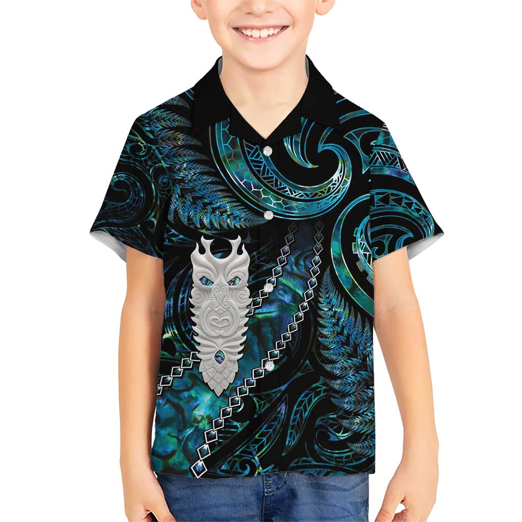 New Zealand Aotearoa Kid Hawaiian Shirt Maori Tane Te Waiora Paua Shell Glitter Turquoise