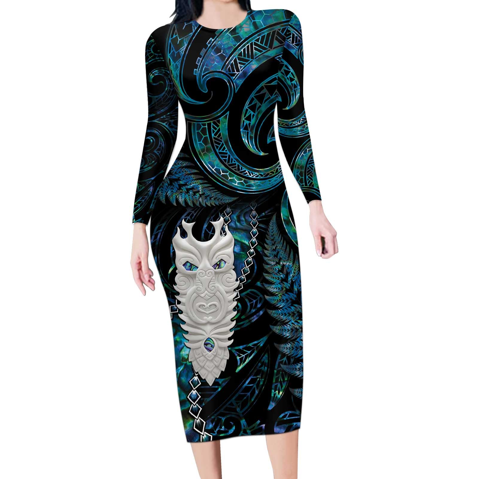 New Zealand Aotearoa Long Sleeve Bodycon Dress Maori Tane Te Waiora Paua Shell Glitter Turquoise