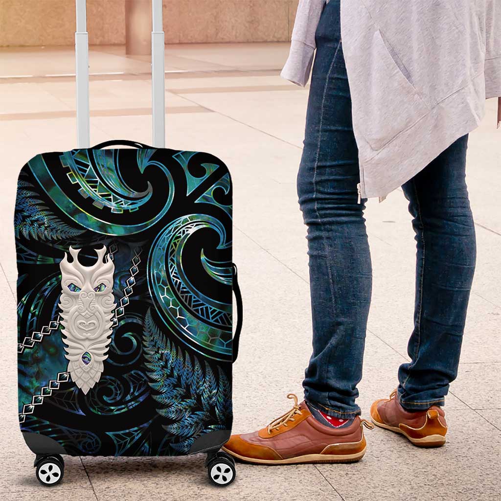 New Zealand Aotearoa Luggage Cover Maori Tane Te Waiora Paua Shell Glitter Turquoise