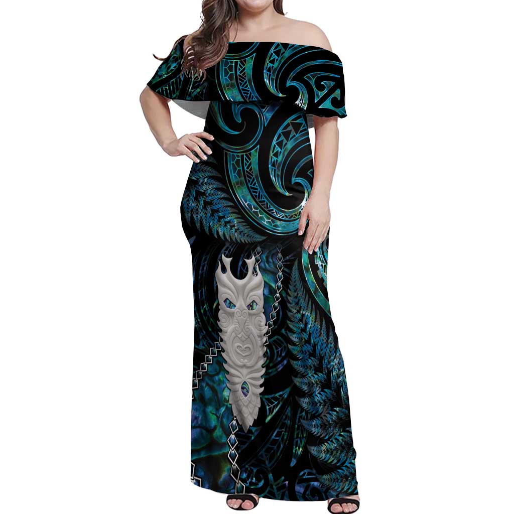 New Zealand Aotearoa Off Shoulder Maxi Dress Maori Tane Te Waiora Paua Shell Glitter Turquoise