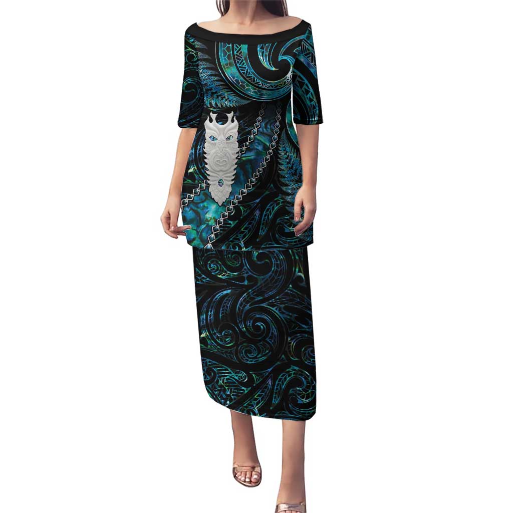 New Zealand Aotearoa Puletasi Maori Tane Te Waiora Paua Shell Glitter Turquoise LT05 Long Dress Turquoise - Polynesian Pride
