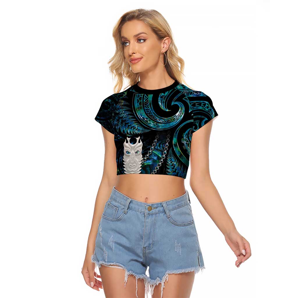 New Zealand Aotearoa Raglan Cropped T Shirt Maori Tane Te Waiora Paua Shell Glitter Turquoise