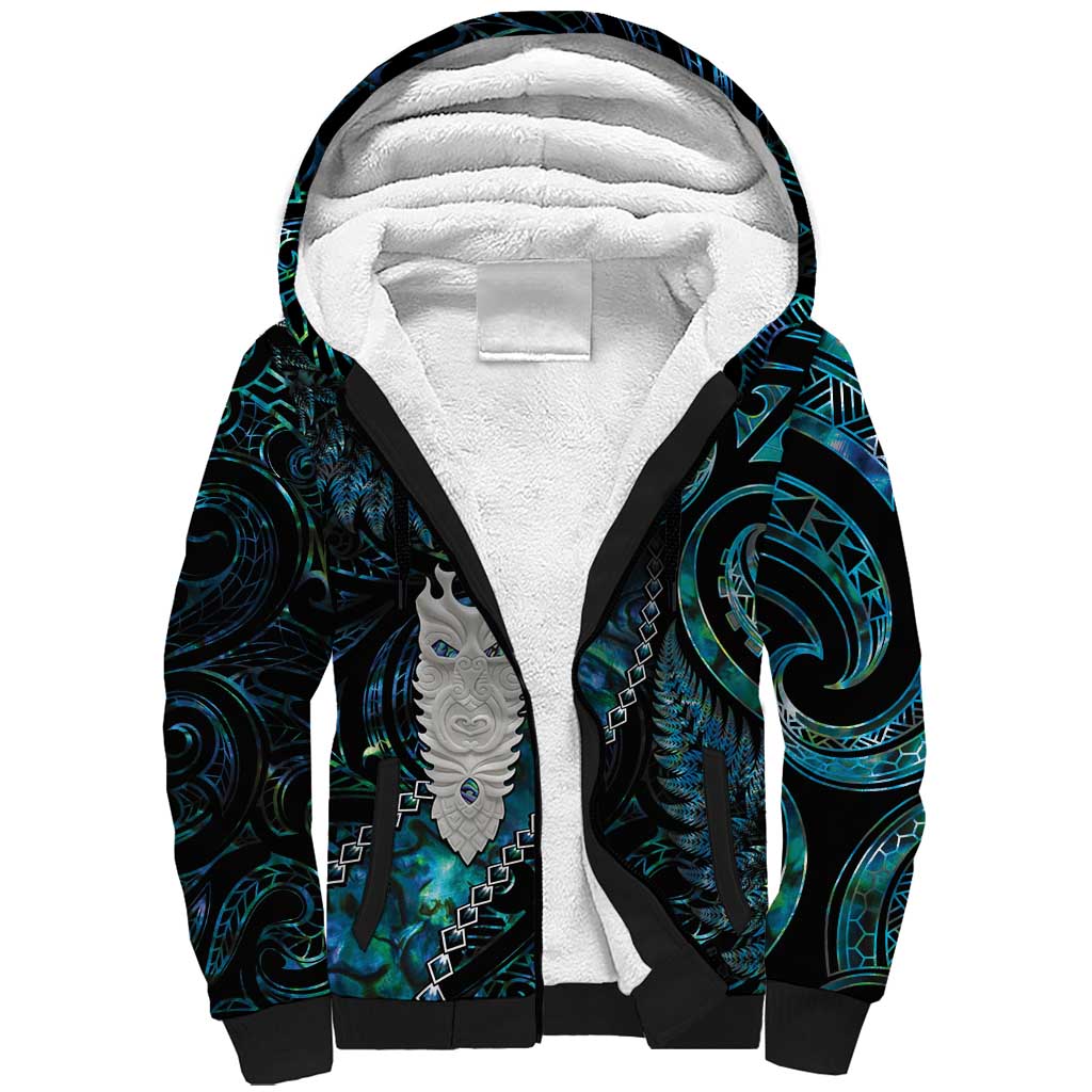 New Zealand Aotearoa Sherpa Hoodie Maori Tane Te Waiora Paua Shell Glitter Turquoise