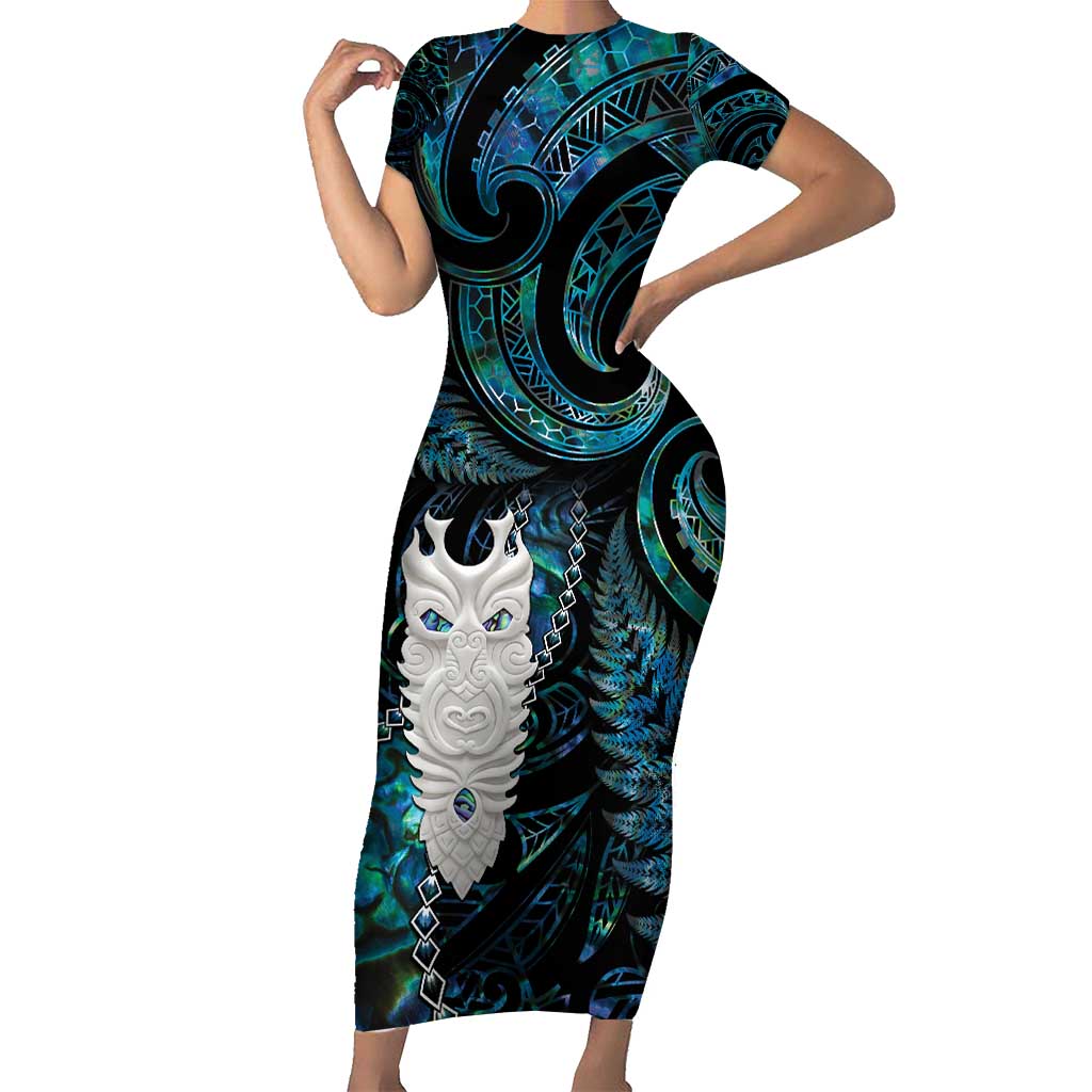 New Zealand Aotearoa Short Sleeve Bodycon Dress Maori Tane Te Waiora Paua Shell Glitter Turquoise