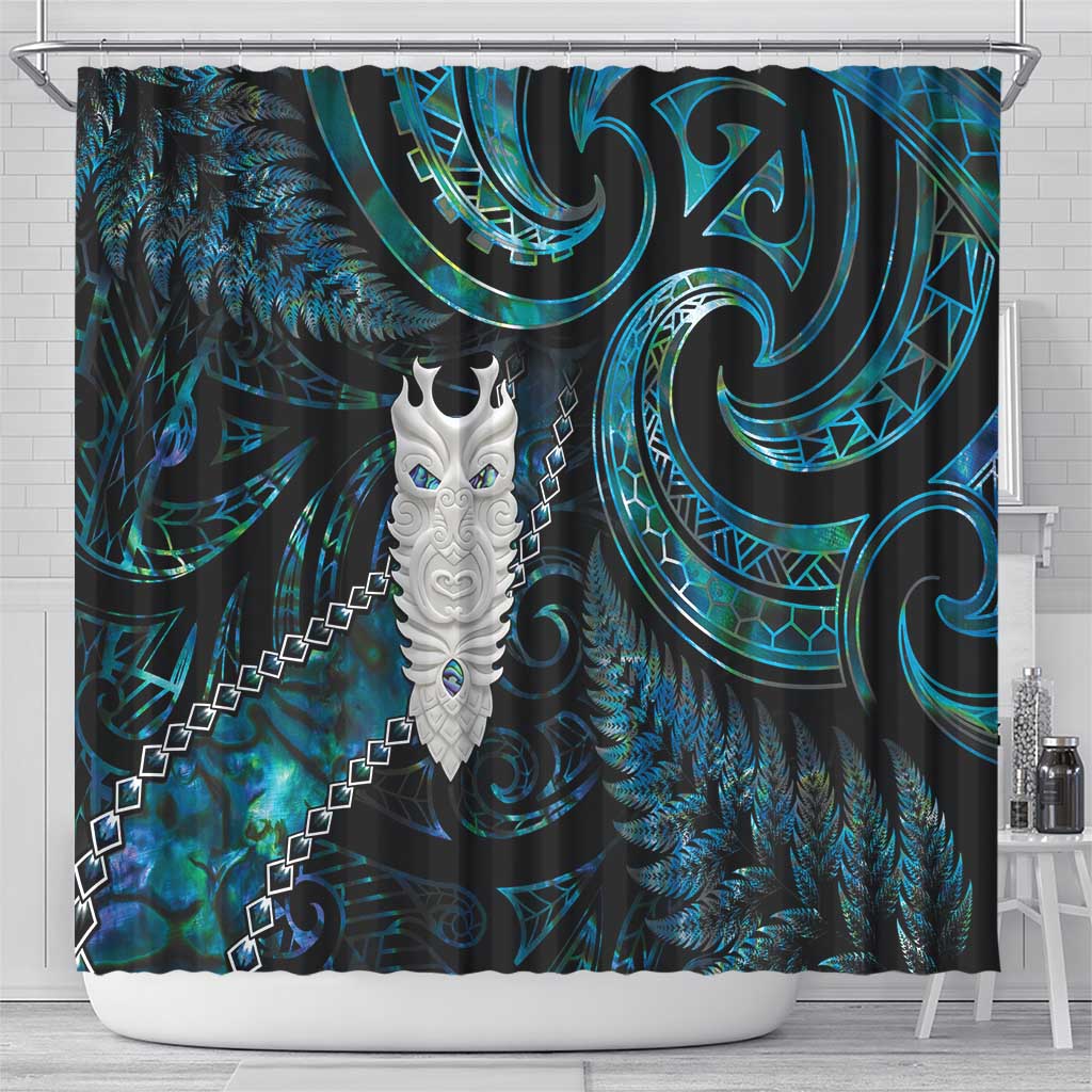 New Zealand Aotearoa Shower Curtain Maori Tane Te Waiora Paua Shell Glitter Turquoise