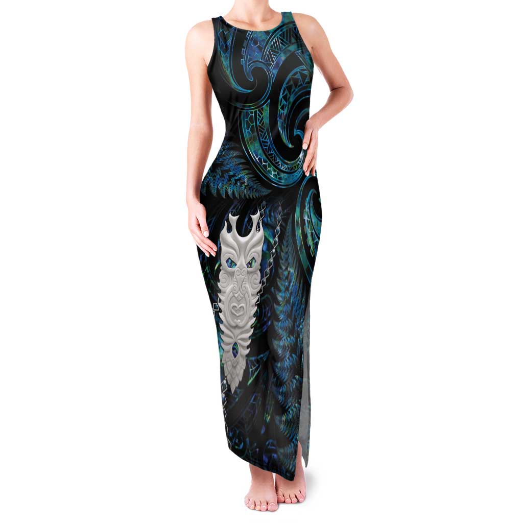 New Zealand Aotearoa Tank Maxi Dress Maori Tane Te Waiora Paua Shell Glitter Turquoise