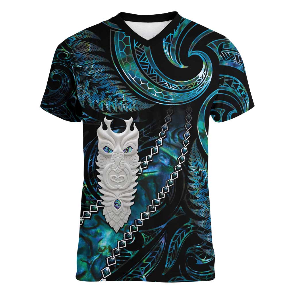 New Zealand Aotearoa Women V-Neck T-Shirt Maori Tane Te Waiora Paua Shell Glitter Turquoise