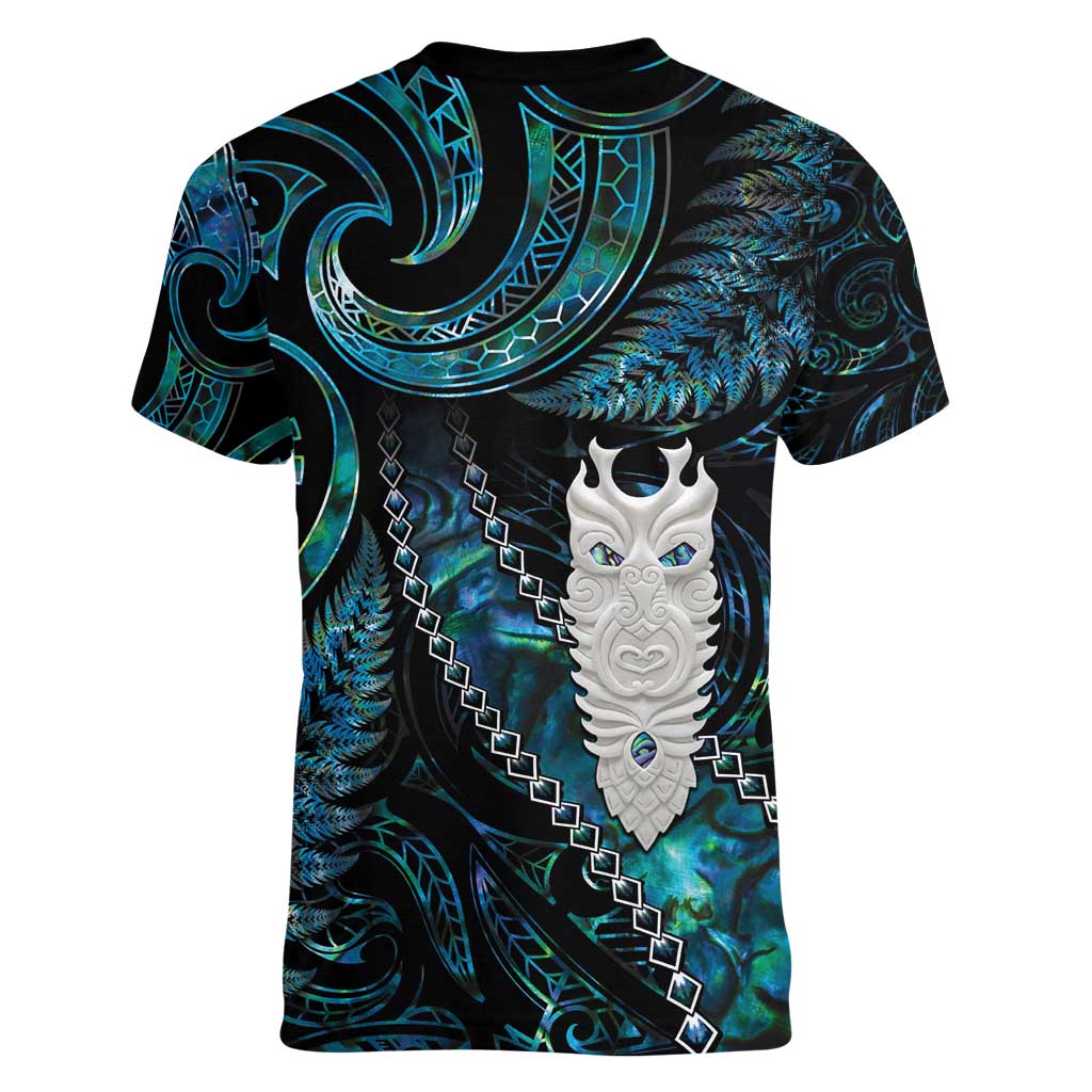 New Zealand Aotearoa Women V-Neck T-Shirt Maori Tane Te Waiora Paua Shell Glitter Turquoise