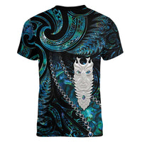 New Zealand Aotearoa Women V-Neck T-Shirt Maori Tane Te Waiora Paua Shell Glitter Turquoise