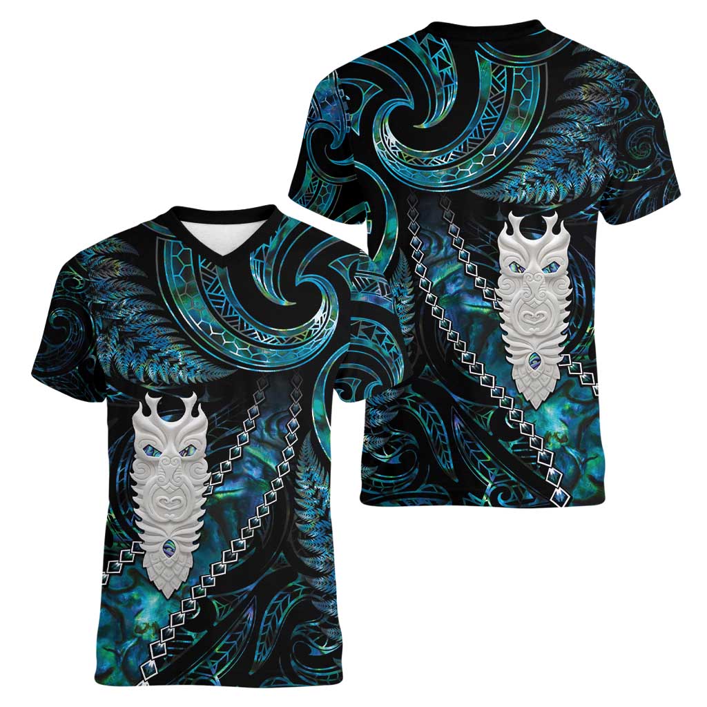 New Zealand Aotearoa Women V-Neck T-Shirt Maori Tane Te Waiora Paua Shell Glitter Turquoise